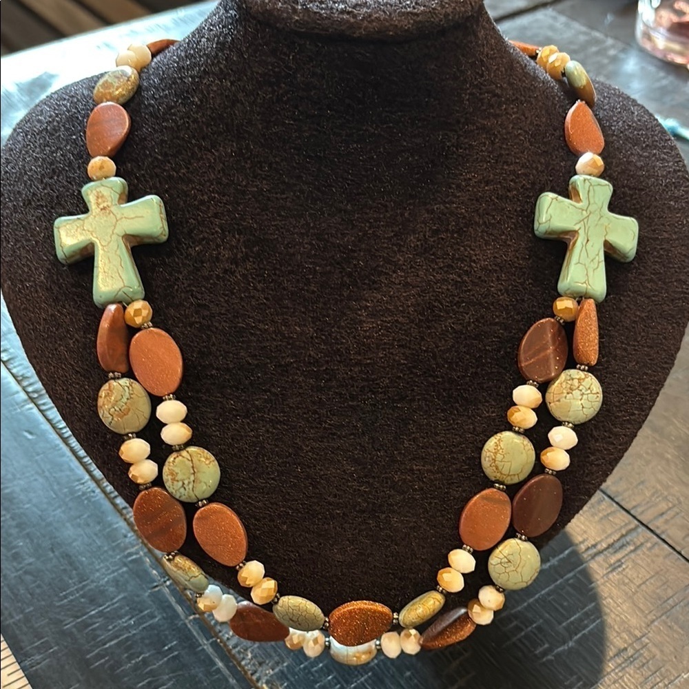 Southwestern Boho Turquoise and Brown Beaded Cross Necklace Western​